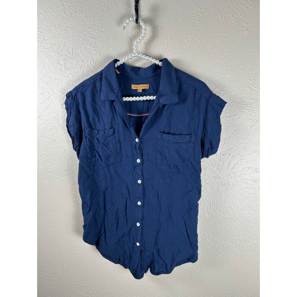 Jachs Girlfriend Blouse Size Small Navy Blue Button Front Stretchy Comfort Shirt